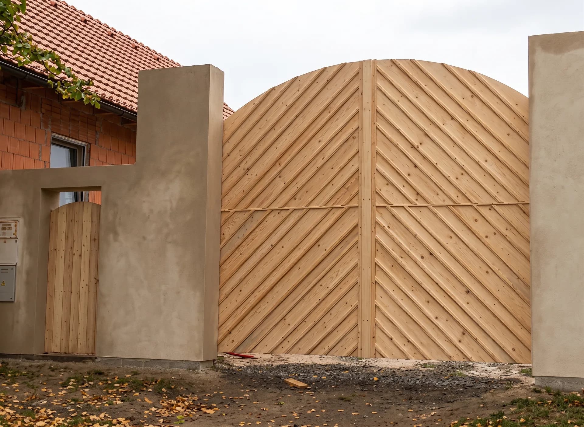 Vysoká vrata s prkny v diagonále a půlkruhovým obloukem, vedle nich menší vrátka.