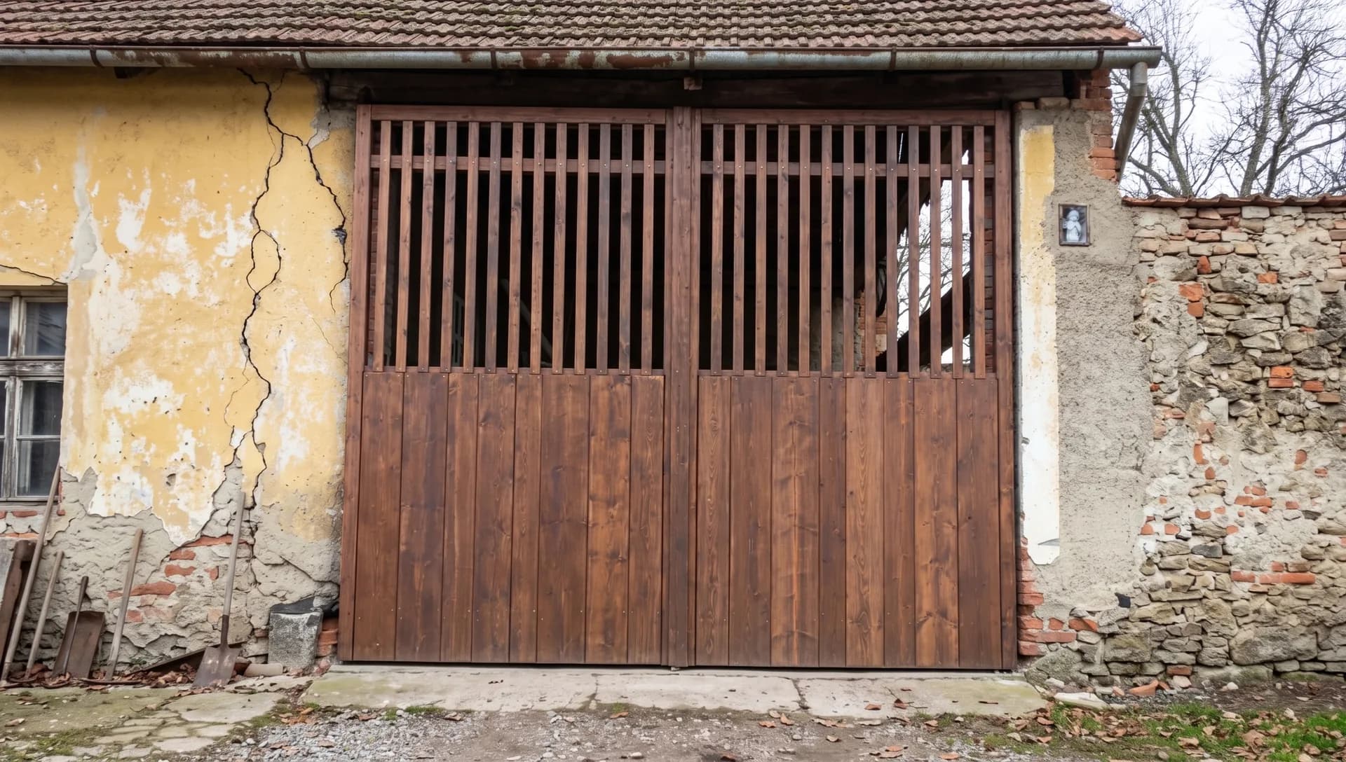 Tmavě lazurovaná vrata s prolamovanou horní částí ze svislých latí ve starší hospodářské budově.